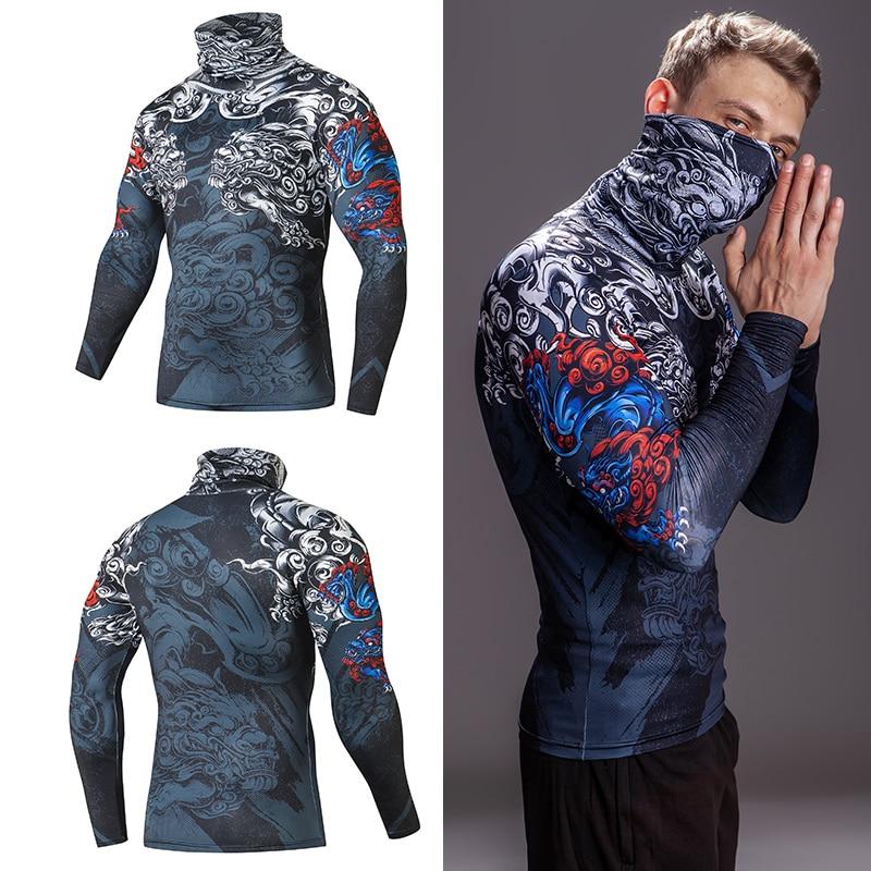 High Collar With Mask t shirt Streetwear Gym Men Casual 3D T shirt Fitness Compression shirts Lapel Underwear Thermal Male Tops - walk mat