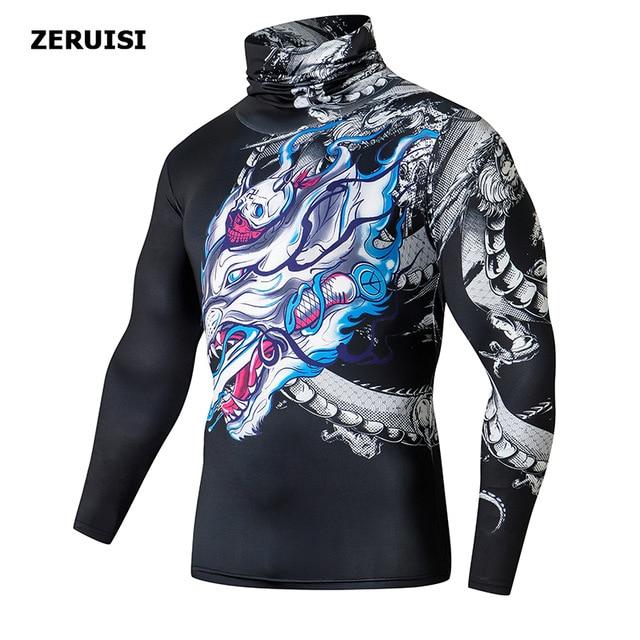 High Collar With Mask t shirt Streetwear Gym Men Casual 3D T shirt Fitness Compression shirts Lapel Underwear Thermal Male Tops - walk mat