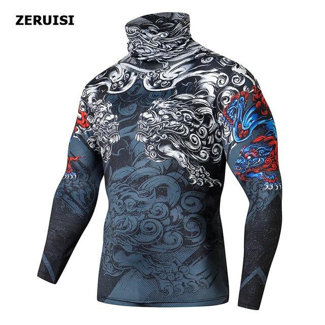 High Collar With Mask t shirt Streetwear Gym Men Casual 3D T shirt Fitness Compression shirts Lapel Underwear Thermal Male Tops - walk mat